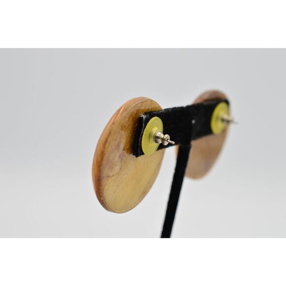 Vintage Round Earrings Handcrafted Lacquered Wood Reptile Snake Print NOS 80s 9D - Picture 7 of 9